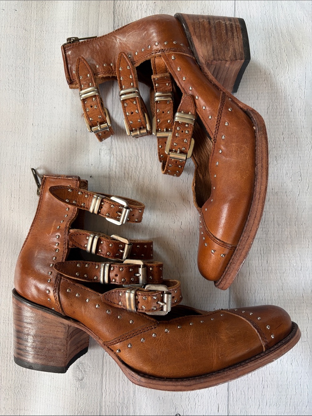 Freebird by Steven Felicity Studded Leather Multi Strap Boots Size 9 Brown Boho